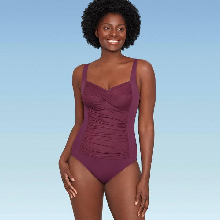 Women's Slimming Control Ruched Front One Piece Swimsuit - Dreamsuit By Miracle Brands Dark Purple