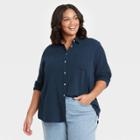 Women's Plus Size Long Sleeve Gauze Button-down Shirt - Universal Thread Navy