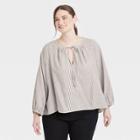 Women's Plus Size Raglan Long Sleeve Tie-front Top - A New Day Cream Striped 1x, Ivory