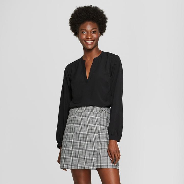 Women's Long Sleeve Crepe Popover Blouse - A New Day Black
