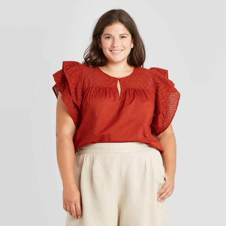 Women's Plus Size Short Sleeve Eyelet Top - A New Day Red
