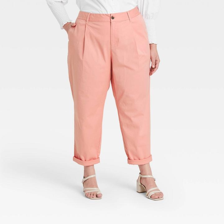 Women's Plus Size High-rise Pleat Front Straight Leg Ankle Pants - A New Day Coral