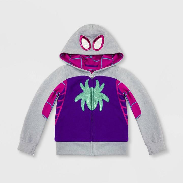 Avengers Girls' Spider-man Ghost Spider Hooded Zip-up Sweatshirt - Gray/purple 3 - Disney
