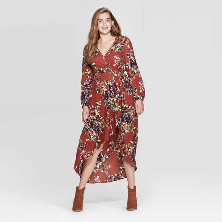 Women's Floral Print Long Sleeve Deep V-neck High Low Hem Wrap Midi Dress - Xhilaration Rust Xs, Women's, Red