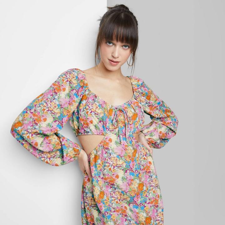Women's Long Sleeve Cut Out Fit & Flare Dress - Wild Fable Floral Xs, Multicolor Floral