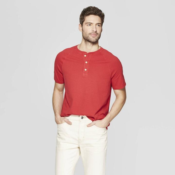 Men's Regular Fit Short Sleeve Henley Shirt - Goodfellow & Co Ripe Red