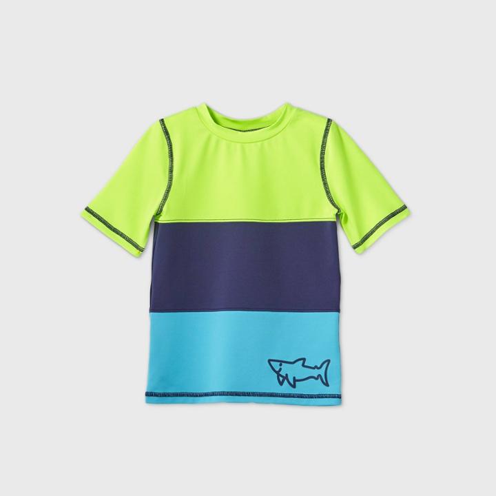 Toddler Boys' Colorblock Short Sleeve Rash Guard Swim Shirt - Cat & Jack Green/navy/blue 12m, Blue/green/blue