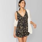 Women's Floral Print Sleeveless Deep V-neck Floral Romper - Wild Fable Black