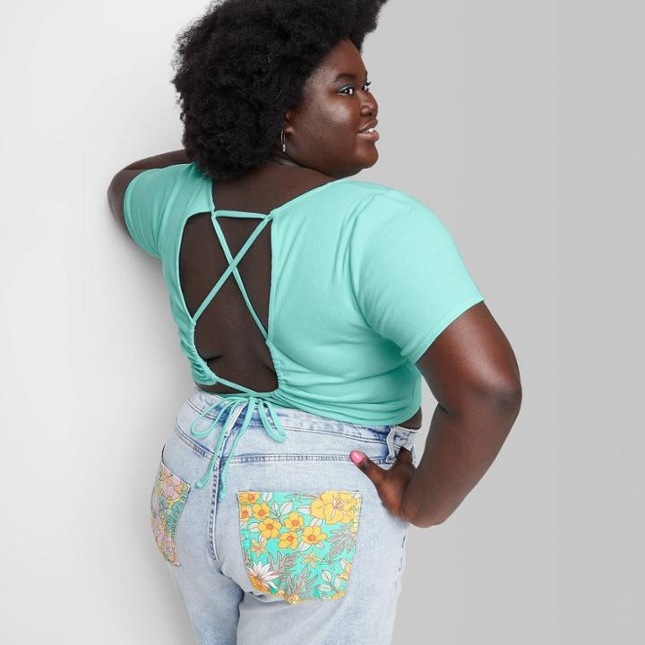 Women's Plus Size Short Sleeve Lace-up Back Baby T-shirt - Wild Fable Light Aqua Blue