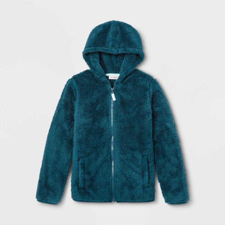 Kids' Long Sleeve Cozy Sherpa Hoodie Sweatshirt - Cat & Jack Teal Xl, Kids Unisex, Blue