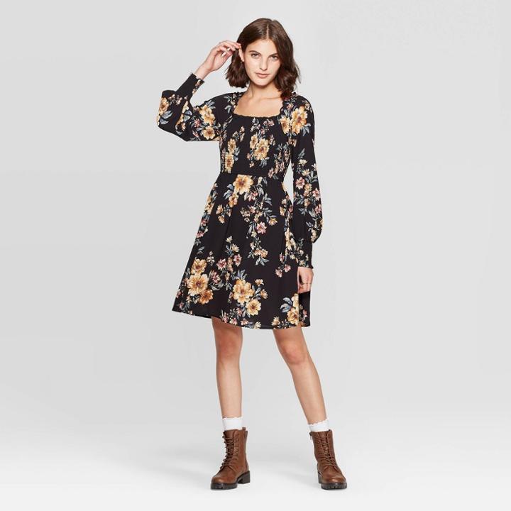 Women's Floral Print Long Sleeve Square Neck Smocked Top Mini Dress - Xhilaration Black