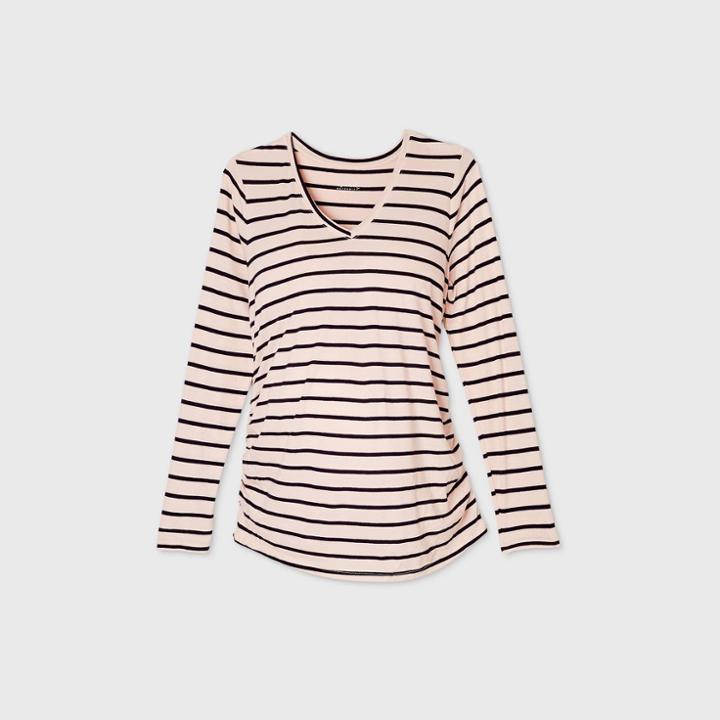 Maternity Striped Long Sleeve V-neck Side Shirred T-shirt - Isabel Maternity By Ingrid & Isabel Light Pink/navy