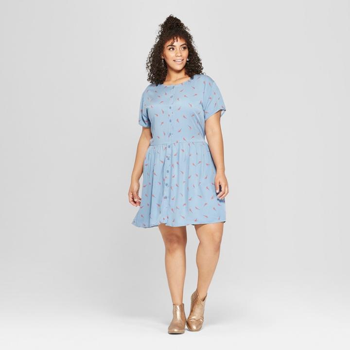 Junk Food Women's Plus Size David Bowie Short Sleeve Empire Tie Waist Dress - Blue