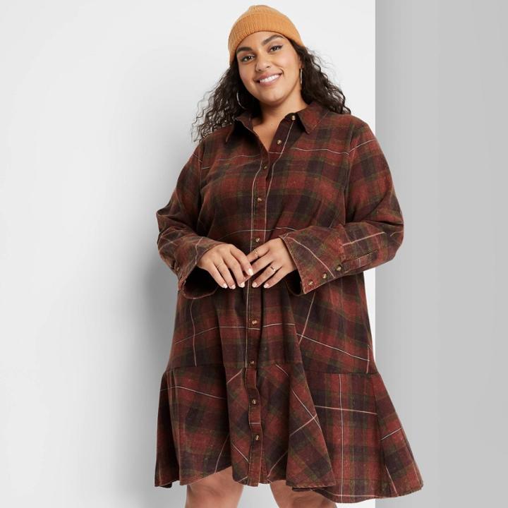 Women's Plus Size Long Sleeve Shirtdress - Wild Fable Maroon Plaid
