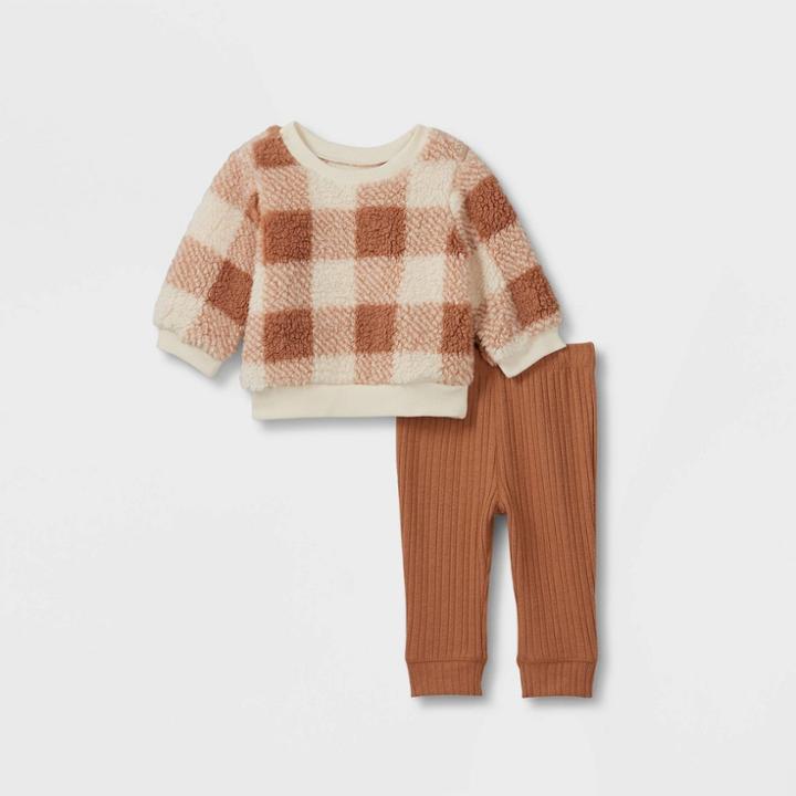 Grayson Collective Baby 2pc Buffalo Plaid Sherpa Top & Leggings Set - Brown Newborn