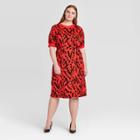 Women's Plus Size Floral Print Short Sleeve Boat Neck Rib Trim A-line Midi Dress - Who What Wear Red 1x, Women's,