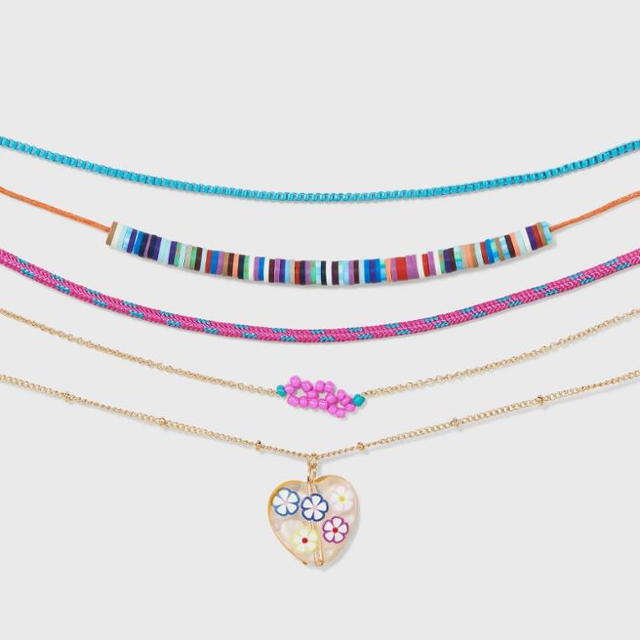 Clay Bead Flower Chain Bear Charm Choker Necklace Set 5pc - Wild Fable , Blue/brown/gold