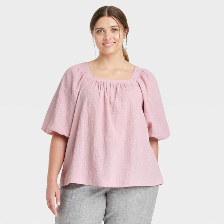 Women's Plus Size Puff Short Sleeve Blouse - A New Day Light Purple