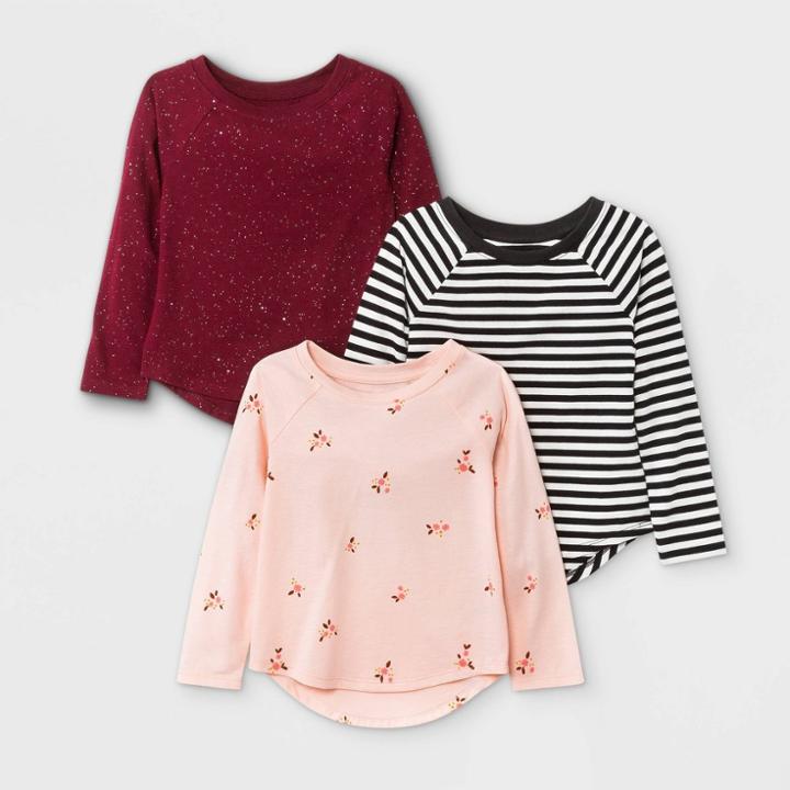 Toddler Girls' 3pk Floral Sparkle Striped Long Sleeve T-shirt - Cat & Jack Pink/burgundy/black
