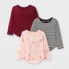 Toddler Girls' 3pk Floral Sparkle Striped Long Sleeve T-shirt - Cat & Jack Pink/burgundy/black