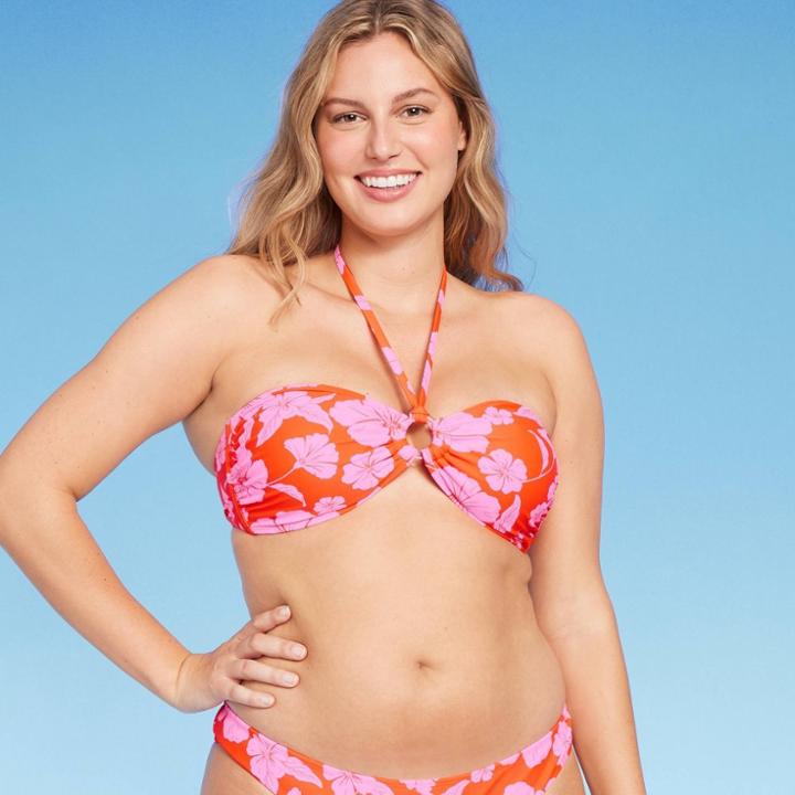 Women's Ring Front Halter Bandeau Bikini Top - Wild Fable Orange/pink Tropical Print