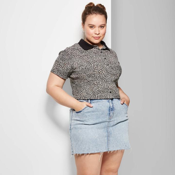 Women's Striped Plus Size Short Sleeve Button Front Polo Shirt - Wild Fable