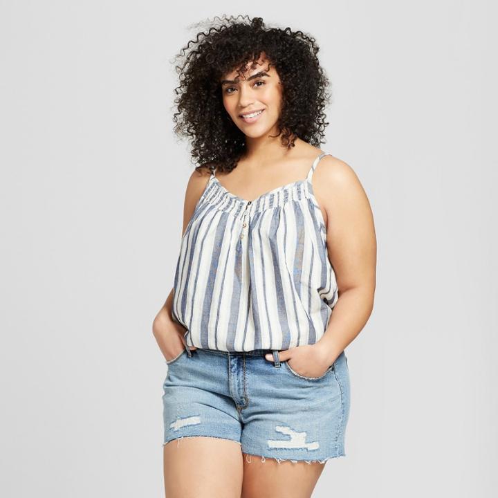 Women's Plus Size Striped Smocked Front Tank - Universal Thread Blue