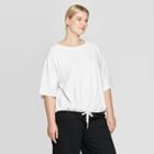 Women's Plus Size 3/4 Sleeve Crewneck Tie Waist Blouse - Prologue White