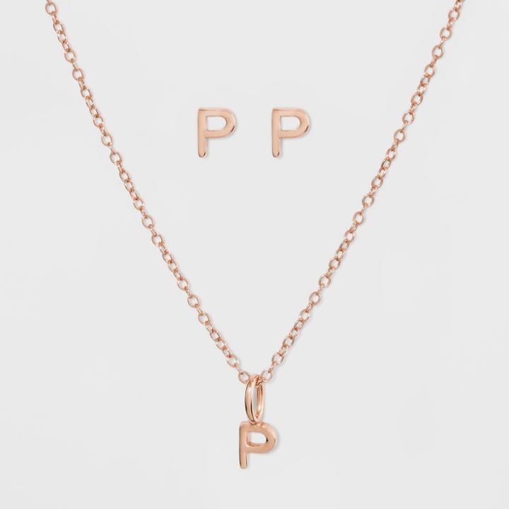 Sterling Silver Initial P Earrings And Necklace Set - A New Day Rose Gold, Girl's, Rose Gold - P