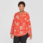 Women's Plus Size Floral Print Long Sleeve Woven Popover - Ava & Viv Red X