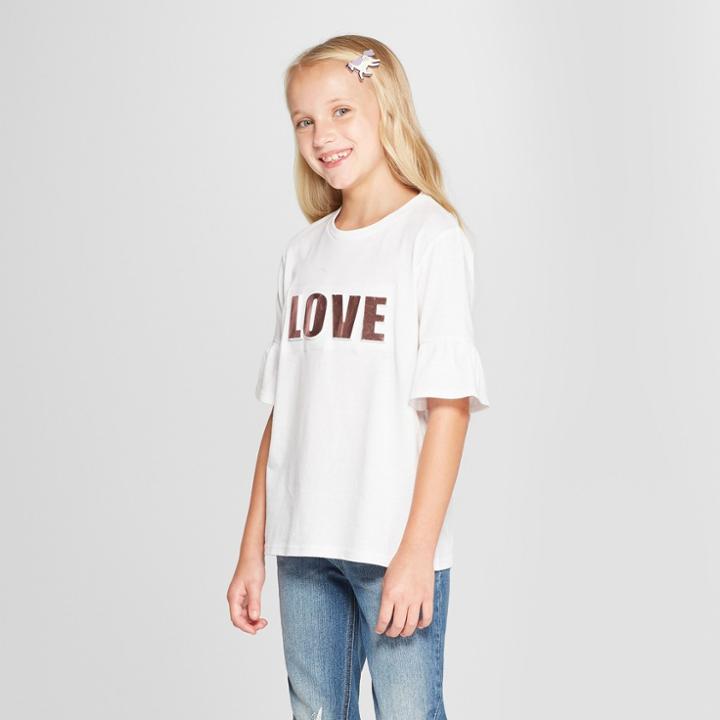 Say What? Say What Girls' 'love' Ruffle Short Sleeve T-shirt - White