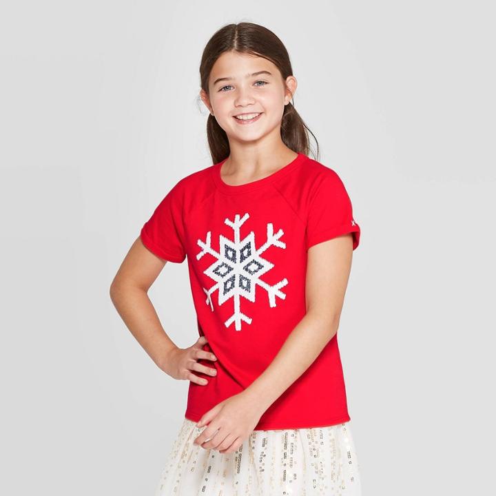 Petitegirls' Short Sleeve Flip Sequin Snowflake T-shirt - Cat & Jack Red M, Girl's,