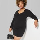 Women's Plus Size Long Sleeve Ruched Front Knit Dress - Wild Fable Black