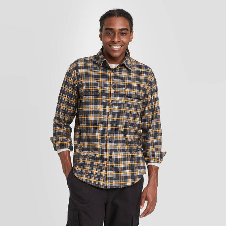 Mens Standard Fit Long Sleeve 2-pocket Flannel Button-down Shirt - Goodfellow & Co Gold