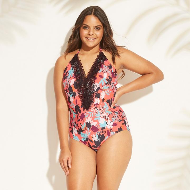 Women's Plus Size Lace One Piece Swimsuit - Sea Angel Coral Floral 3x,