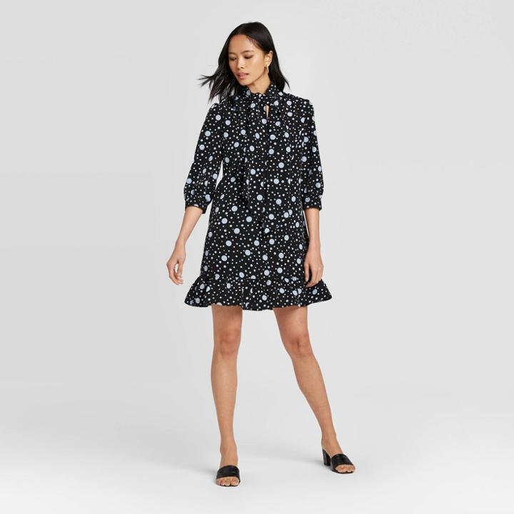 Women's Polka Dot 3/4 Sleeve High Neck Shift Mini Dress - Who What Wear Black