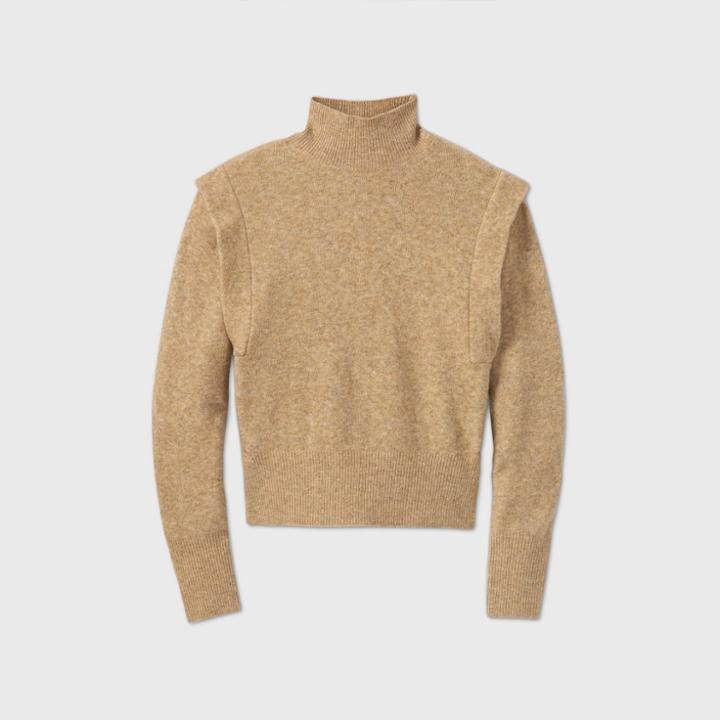 Women's Mock Turtleneck Tuck Shoulder Pullover Sweater - Prologue Tan