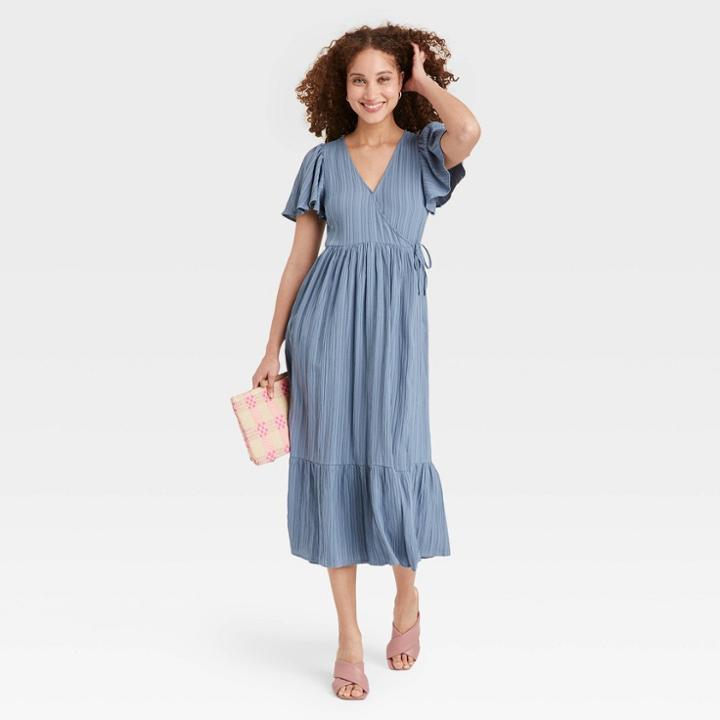 Women's Flutter Short Sleeve Wrap Dress - A New Day Blue