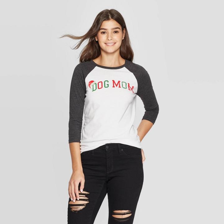 Modern Lux Women's Dog Mom Raglan 3/4 Sleeve T-shirt (juniors') - White/gray
