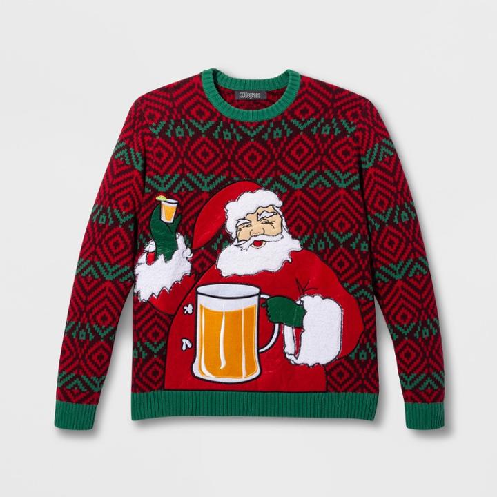33 Degrees Men's Ugly Holiday Santa Beverage Holder Long Sleeve Pullover Sweater - Red