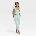 Women's Notch Collar Neck Short Sleeve Lounge Cropped T-shirt - Colsie Green