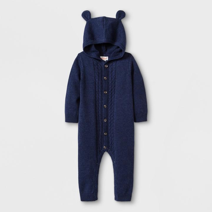 Baby Boys' Hooded Critter Sweater Romper - Cat & Jack Navy Newborn, Blue