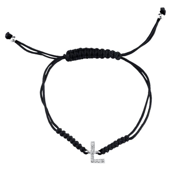 Target Silver Plated Crystal Wrap Bracelet With Initial L - Black Nylon Cord, Girl's,