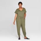 Women's Plus Size Knit Tie Waist Jumpsuit - Ava & Viv Olive (green)