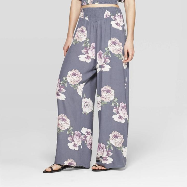 Women's Floral Print Smocked Top Wide Leg Pants - Xhilaration Gray/pink