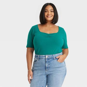 Women's Slim Fit Cinched Short Sleeve Sweetheart Neck Top - Ava & Viv Teal Green
