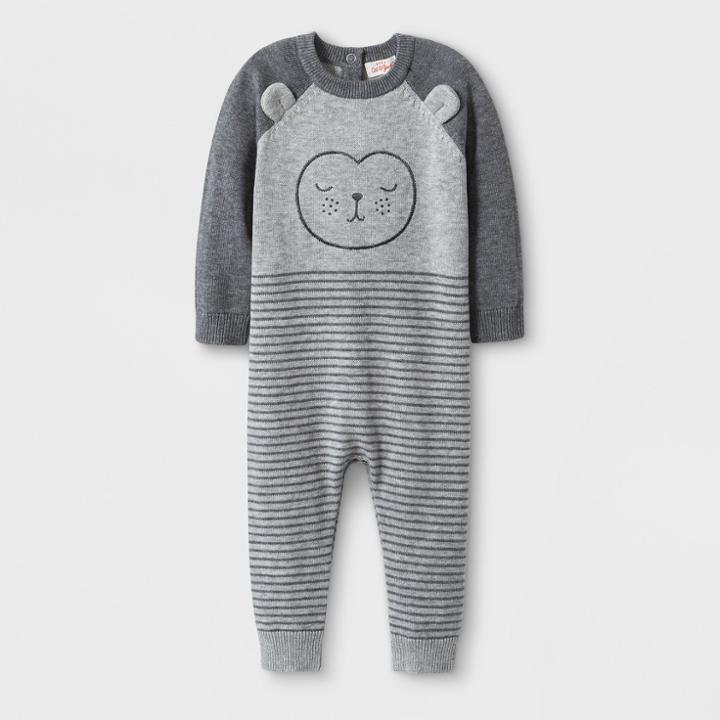 Baby Boys' Sweater Romper With Horizontal Stripes And Critter Face - Cat & Jack Gray