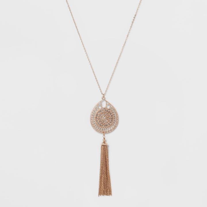Target Tassel & Filigree Cut Out Long Necklace - A New Day Rose Gold/clear
