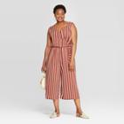 Women's Plus Size Striped Sleeveless V-neck Tie Detail Knit Jumpsuit - Ava & Viv Brown/white X