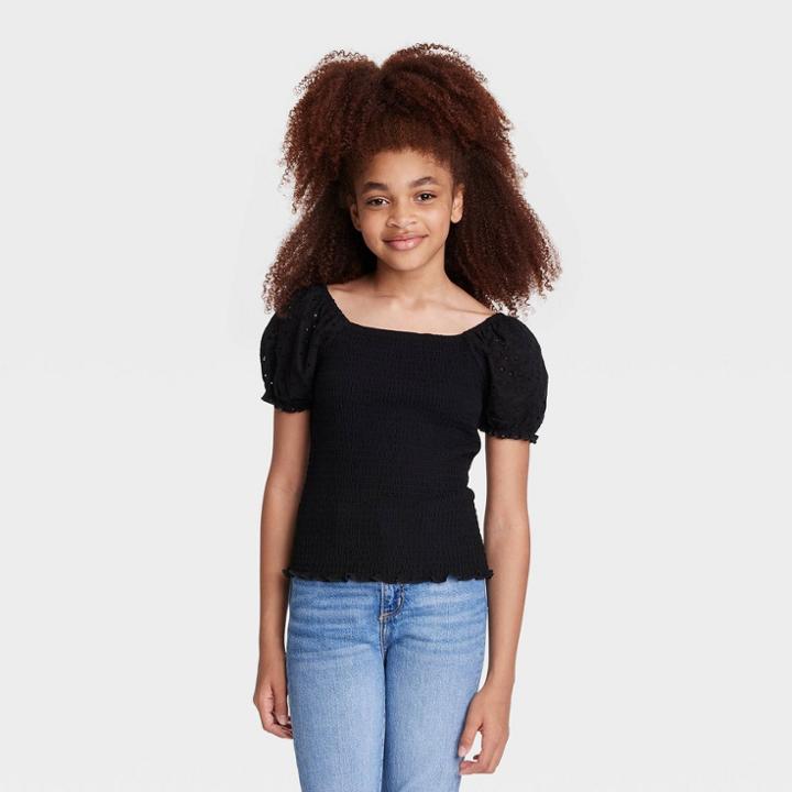 Girls' Smocked Bodice Puff Sleeve Woven Top - Art Class Black